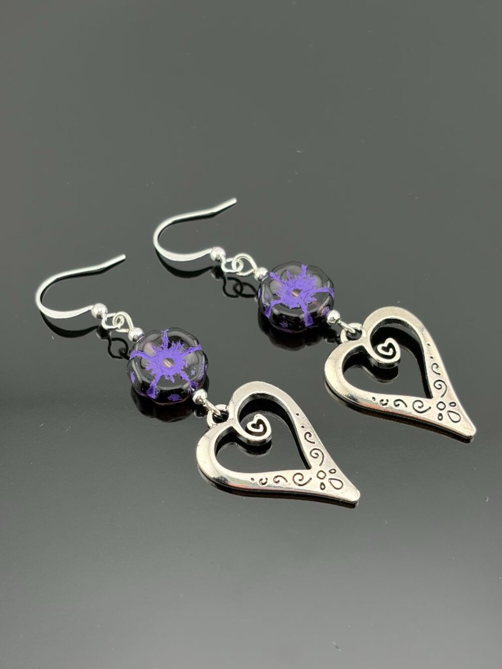 Dark Purple Czech Glass Flower Heart Charm Handmade Handcrafted Earrings LR243